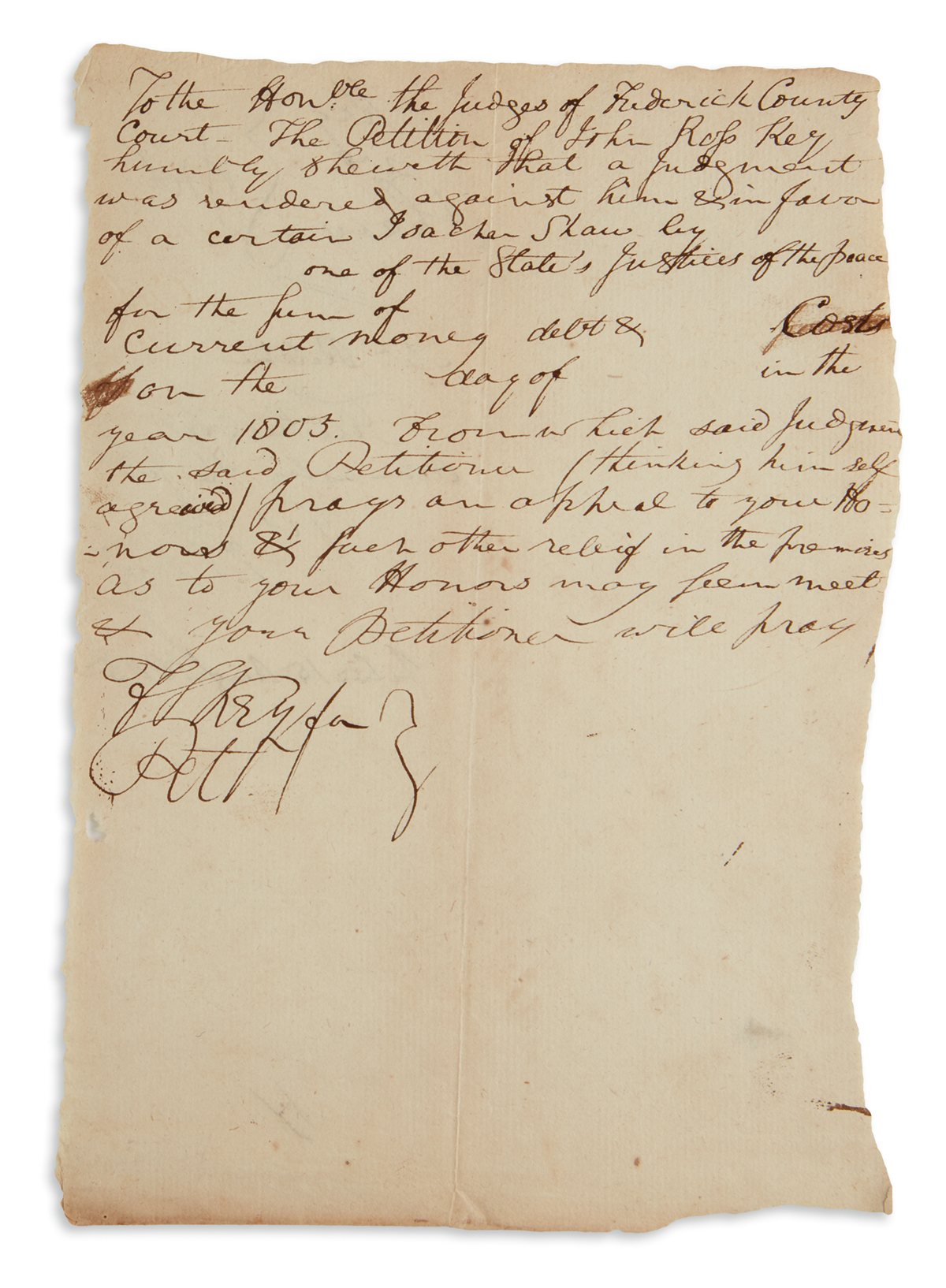 FRANCIS SCOTT KEY. Autograph Document Signed, FSKey twice, appealing on behalf of his father for relief from a judgmen...